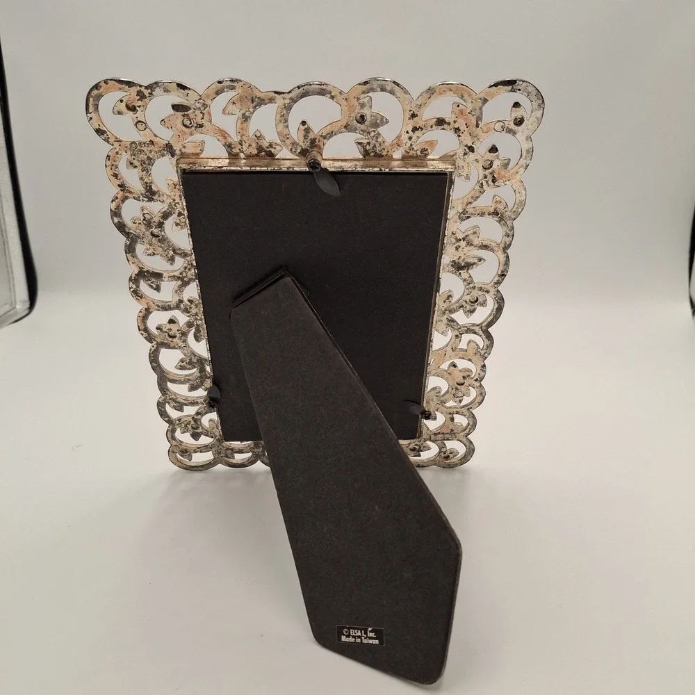 Vintage 1996 Elsa L Inc Picture Frame Silver Gold Leaf Filigree Scroll 3.5x5